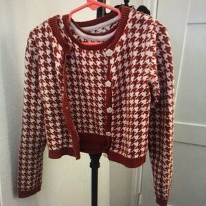Rust & Cream Houndstooth Button Cardigan Sweater